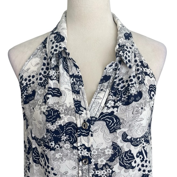 Maeve Anthropology Tesni Floral & Ink Face Halter Neck Top Blue White Women Sz 8 - Picture 4 of 6